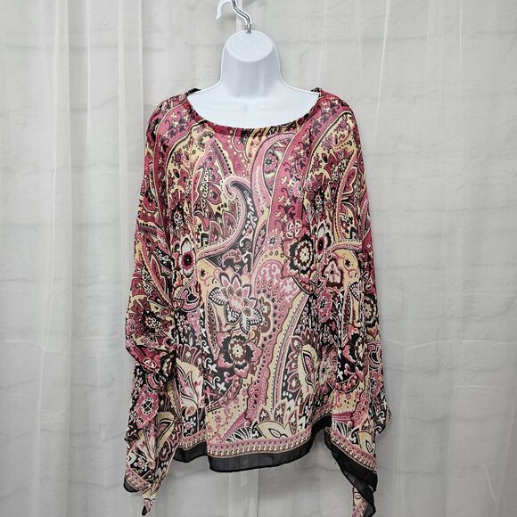 Mirabeau Pink Black Floral Paisley Blouse Peasant Boho Gypsy Festival Sheer L - Picture 9 of 12